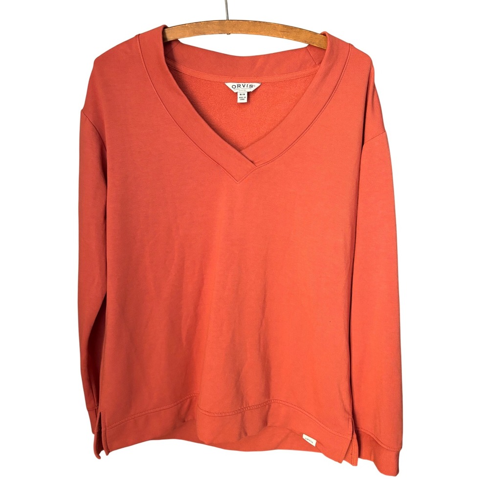 Orvis‎ Womens V Neck Pullover Sweatshirt Orange Casual Comfy Modal buttery soft
